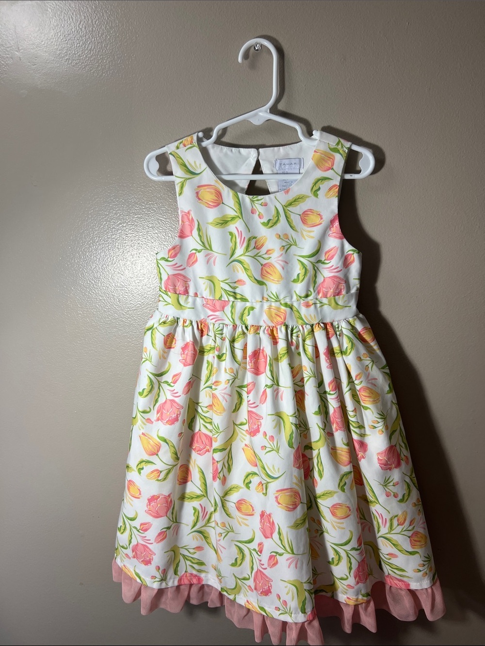 Tahari White Floral Dress with Pink & Yellow Blossoms